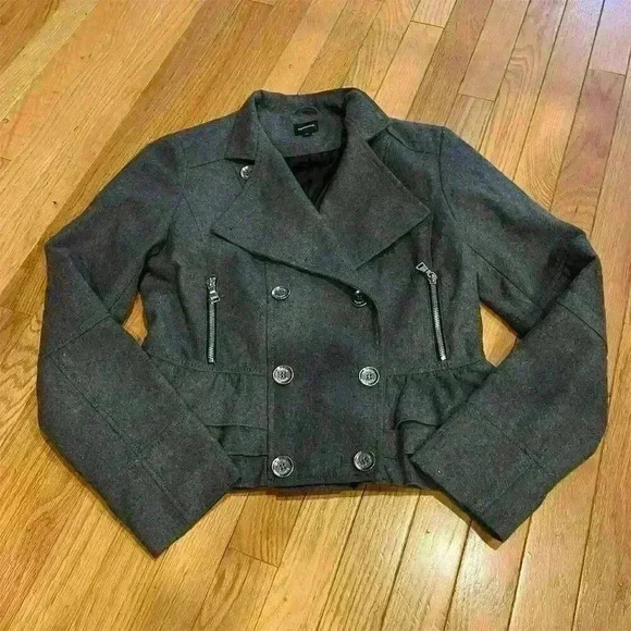 Express Women's Double Breasted Ruffle Peacoat Jacket Gray Size M - Picture 2 of 9